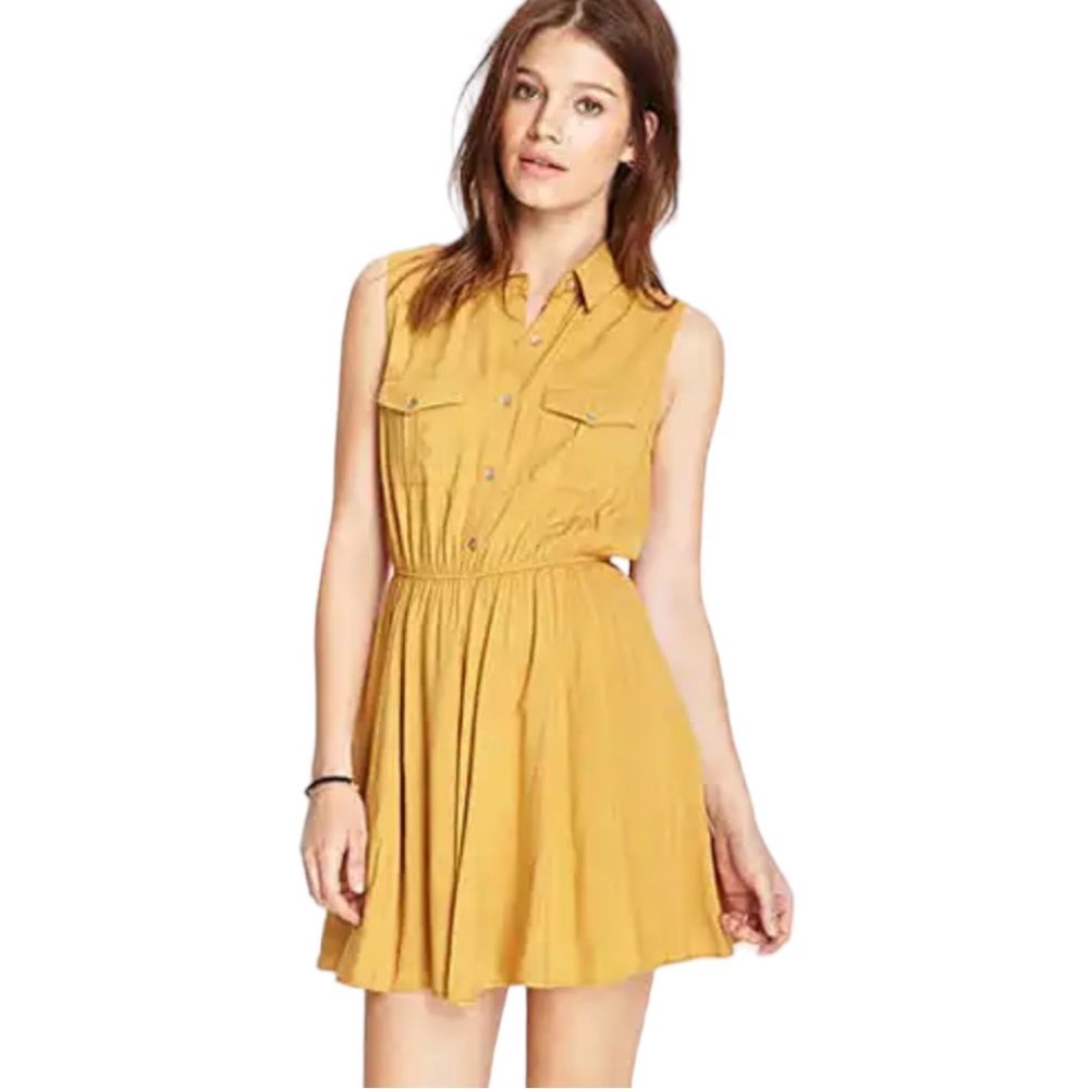 nu-look size medium golden yellow, collared sleeveless mini dress, cinched waist